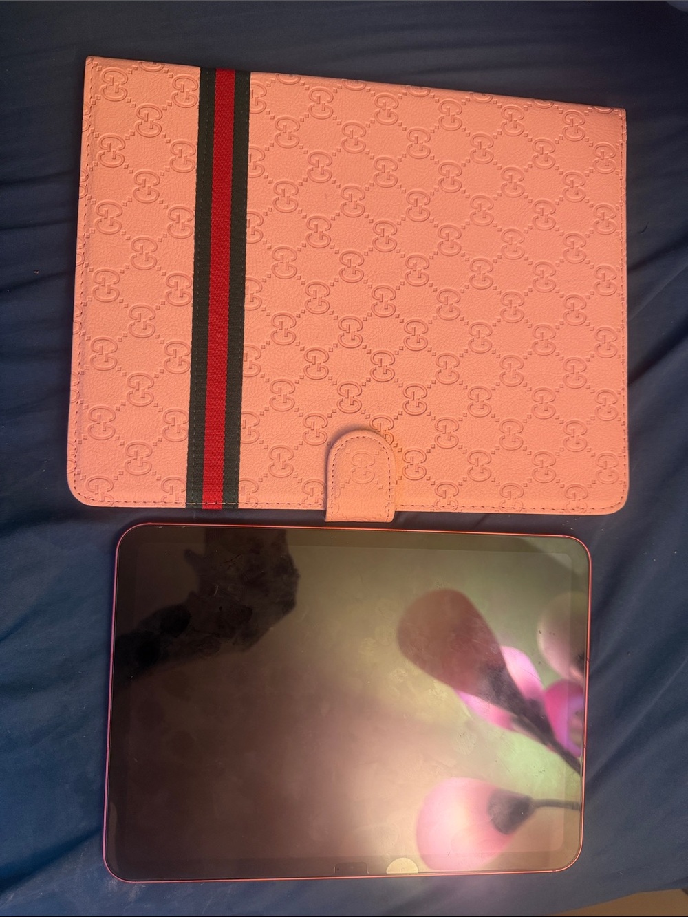 Gucci Pink Tablet Folio Case with Signature Red & Green Web Stripe